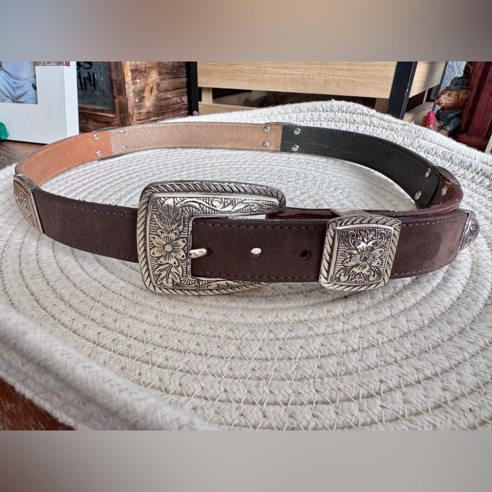 BRIGHTON vintage multicolor belt western style floral carved silver